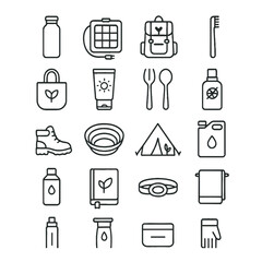 Sustainable Travel Gearline art icons. Reusable bottle, solar charger, eco-backpack, bamboo toothbrush, cloth bag, organic sunscreen, stainless cutlery, natural bug spray, hiking