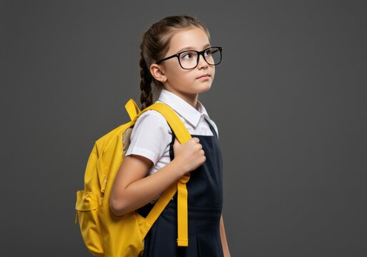 A schoolgirl wearing glasses and carrying a yellow backpack looks upwards against a plain background.