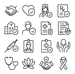 Healthcare Trust line art icons. Doctor handshake, heart with shield, trusted nurse, prescription check, certified hospital, patient trust, health record icon, consent form, safe