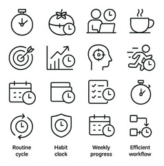 Efficiency & Productivity line art icons. Focus timer, Pomodoro clock, work session icon, break timer, goal time icon, output over time, focus mode, sprint session clock, planning