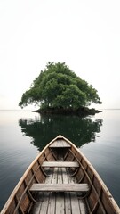 Obraz premium small island and an empty wooden boat in serene abstract white background