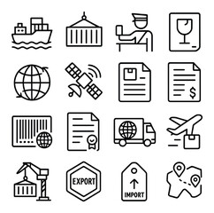 Global Shipping line art icons. Cargo ship, shipping container, customs icon, freight label, globe with arrows, tracking satellite, shipping manifest, freight invoice,