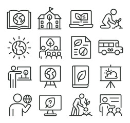 Environmental Education line art icons. Earth book, eco school, green learning icon, student planting, environmental awareness symbol, classroom tree, sustainability report, field