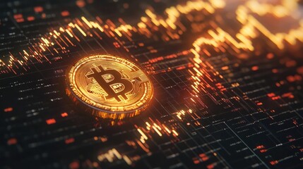 Glowing digital bitcoin coin placed over trading interface filled with market data and red price graphs, suggesting cryptocurrency volatility and investment analysis. Generative by AI