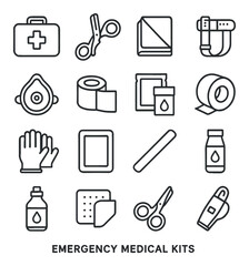 Emergency Medical Kits line art icons. First aid bag, trauma shears, emergency blanket, tourniquet, CPR mask, bandage roll, antiseptic wipes, adhesive tape, sterile gloves, trauma