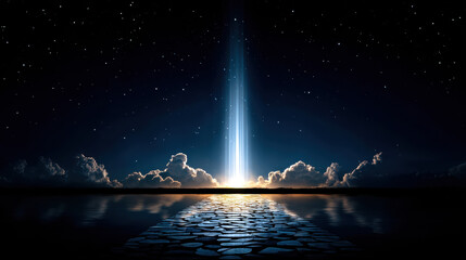 Beacon of light shines from sky to earth, illuminating stone path over calm water under starry night with dramatic clouds, evoking hope and wonder
