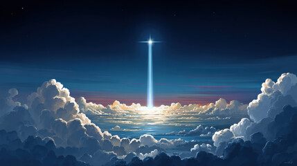 Beacon of light shines from sky to ocean, illuminating clouds and water with serene, heavenly glow, evoking hope and wonder in tranquil night scene