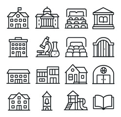 Educational Buildings line art icons. School building, university campus, lecture hall, library, dormitory icon, science lab, auditorium, school gate, classroom wing, student