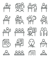 Court Procedures line art icons. Opening statement, evidence presentation, cross-examination, witness oath, final argument, verdict announcement, objection icon, sidebar