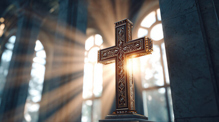 Ornate crucifix with intricate design illuminated by soft sunlight in peaceful church interior, creating serene and spiritual atmosphere with warm glowing rays