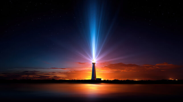 Lighthouse night beacon light sky ocean silhouette dramatic glowing landscape reflection water horizon sunset dusk navigation guidance hope safety tranquil serene star illumination coastal tower