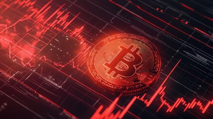 Glowing digital bitcoin coin placed over trading interface filled with market data and red price graphs, suggesting cryptocurrency volatility and investment analysis. Generative by AI