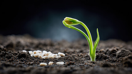Delicate green shoot emerging from dark earth, surrounded by seeds, symbolizing growth, hope, and new beginnings in natural environment