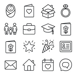 Personal Life Announcements line art icons. Baby announcement, wedding invite, moving notice, engagement ring icon, family update, new job icon, graduation cap, retirement card,