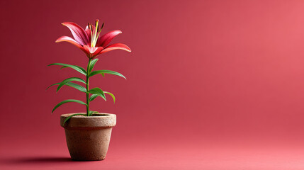 Single vibrant lily blooming in humble clay pot, green leaves, red background, minimal style, fresh and elegant, symbolizing resilience and beauty
