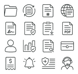 Policy Management line art icons. Policy folder, renewal icon, policy number, online portal, signature field, contract icon, update form, policy PDF, policyholder icon, coverage