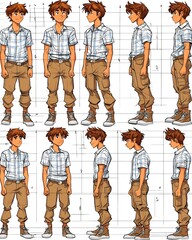 Character design sheet showing a young man in various poses and angles for animation reference use. perfect for educational content, book covers, and creative storytelling.