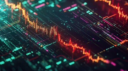 Candlestick trading chart with red and green bars shows cryptocurrency market activity, with technical indicators and volume data at bottom reflecting price fluctuations. Generative by AI