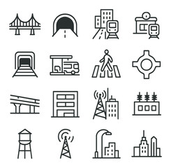 Urban Infrastructure line art icons. Bridge structure, tunnel entrance, road with building, train station, subway exit, bus terminal, pedestrian crosswalk, roundabout icon, flyover