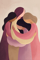 Four women of diverse ethnicities embrace in a warm, supportive hug. They wear colorful clothing and display a sense of unity and friendship.