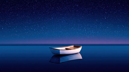 Small boat calm water starry night reflection peaceful blue tranquil solitude serene minimalist scene with small boat floating on still water under star filled sky