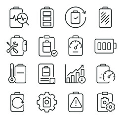 Battery Health & Monitoring line art icons. Battery diagnostics, battery health bar, cycle count icon, battery wear indicator, calibration icon, battery status report, voltage