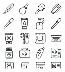 Health & Hygiene line art icons. Thermometer, nasal aspirator, baby brush, nail clipper, medicine dropper, teething gel, hand soap, baby toothbrush, rash cream, grooming kit, fever
