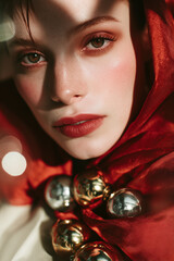 Close-up of a young Caucasian woman with long brown hair, wearing a red hood and decorative bells. Soft lighting creates a festive atmosphere for Christmas and New Year.