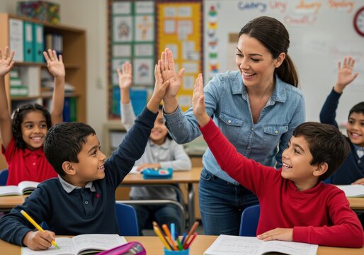 A teacher high-fives students in a classroom, celebrating their success and participation during a lesson.