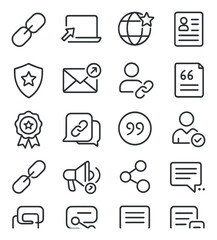 Off-Page SEO line art icons. Backlink icon, referral traffic, domain authority, guest post icon, trust score, outreach message, anchor profile, citation symbol, influencer badge,
