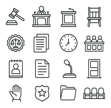 Courtroom Symbols line art icons. Gavel, judge bench, witness stand, courtroom chair, court seal, legal documents, courtroom clock, jury box, courtroom sketch pad, transcript icon,