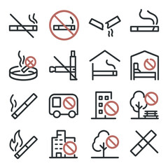 No smoking signage line art icons. cigarette with cross, cigarette inside red circle, broken cigarette icon, smoke rising crossed out, ashtray with ban mark, no vaping sign,