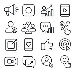 Social Media Advertising line art icons. Boost post icon, social platform icon, follower graph, promoted story, influencer ad, audience engagement, comment analytics, click heatmap