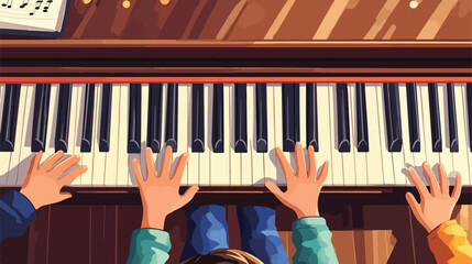 Child Learning Piano: Top View of Kid's Hands Practicing Music