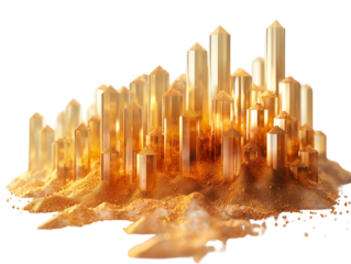 Give real effect from photo. Abstract golden cityscape rising from sand.  Transparent PNG. Representing futuristic urbanization and wealth generation.