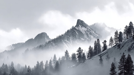 Fototapeta premium Mountain range shrouded in mist with dramatic peaks and pine trees, creating serene and mysterious winter landscape with soft light and foggy atmosphere