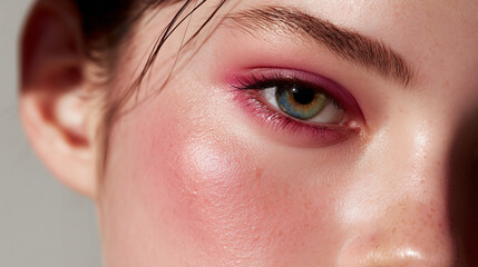 Close-up of a young Caucasian woman with green eyes and light brown hair. She has pink-orange eyeshadow and a glowing complexion.