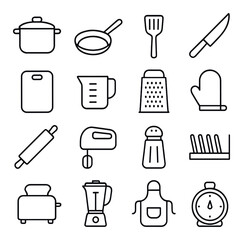 Kitchen Essentials line art icons. Cooking pot, frying pan, spatula, kitchen knife, cutting board, measuring cup, grater, oven mitt, rolling pin, hand mixer, salt shaker, dish rack