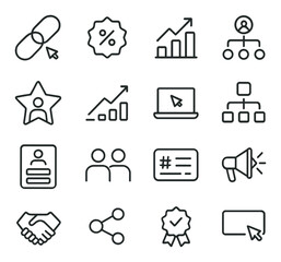 Affiliate and Influencer Marketing line art icons. Affiliate link, promo code, commission chart, referral path, influencer badge, earnings graph, traffic referral, UTM builder,