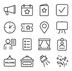 Event Announcements line art icons. Megaphone, calendar star, invite card, RSVP icon, countdown clock, event ticket, location pin, event board, speaker schedule, guest list, stage