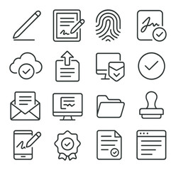 Digital Signature Workflow line art icons. Stylus pen, tablet with document, digital fingerprint, e-signature icon, cloud approval, upload document, encryption lock, verified
