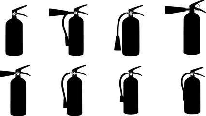 Fototapeta premium Silhouette icons of six different fire extinguishers, Set of six black silhouette icons showing various types and shapes of fire extinguishers for safety and emergency use