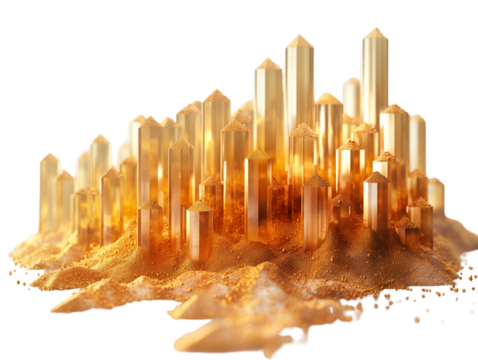Give real effect from photo. Abstract golden cityscape rising from sand.  Transparent PNG. Representing futuristic urbanization and wealth generation.
