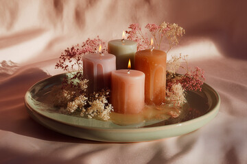 A decorative plate holds four candles in pastel colors: pink, green, and orange. Dried flowers surround the candles, creating a serene ambiance.
