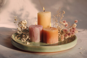 Three candles in pastel colors on a green ceramic plate. The candles are surrounded by dried flowers, creating a serene and cozy atmosphere.
