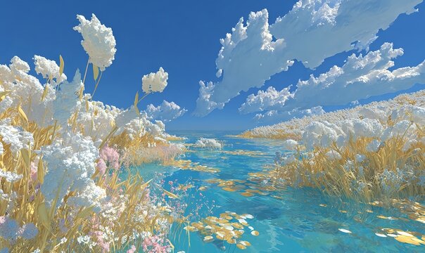 A large golden wheat field extending across a vibrant countryside with clear blue water and dreamy pastel skies