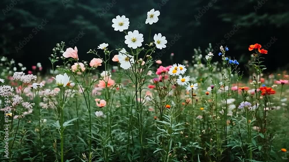 Poster vibrant field of wildflowers in various colors against a dark forest backdrop creating a serene and 