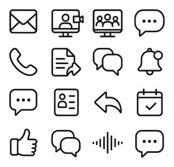 Online Communication line art icons. Email inbox, video chat, online meeting, instant message, voice call, shared document, group discussion, notification bell, message bubble,