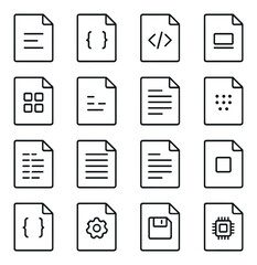 Data File Types line art icons. CSV file, JSON file, XML file, SQL file, XLSX file, YAML file, TXT file, LOG file, INI file, DAT file, BIN file, DB file, RTF file, CFG file, SAV
