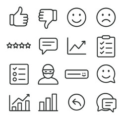 Survey Feedback and Responses line art icons. Thumbs up, thumbs down, smiley face, neutral face, sad face, star rating, text comment, response graph, completed survey icon, answer
